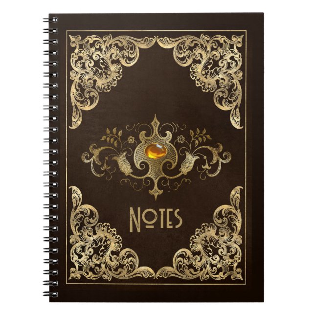 Caderno Espiral Notebook Ornamentado Brown e Frame Dourado (Frente)