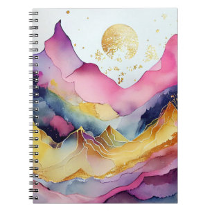Caderno Espiral Notebook Ouro Moon Watercolor Mountain