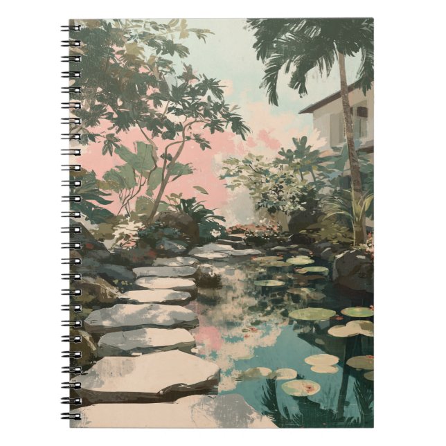 Caderno Espiral Notebook peaceful Garden Path Lily Pond Art (Frente)
