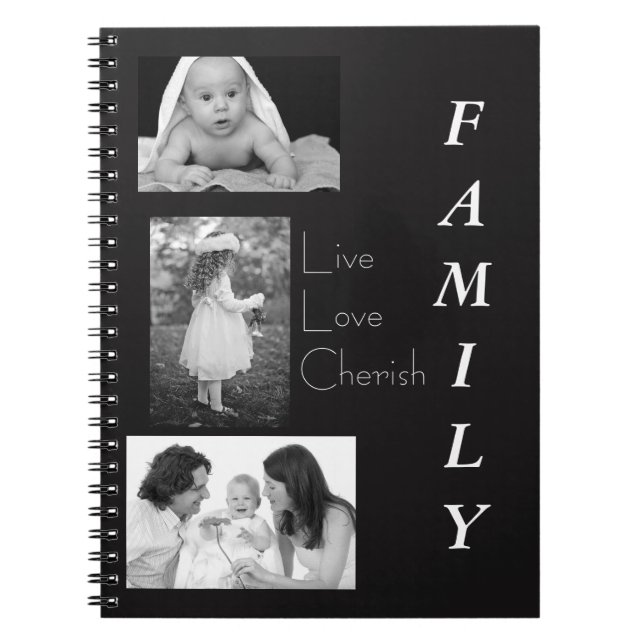 Caderno Espiral Notebook Personalizado da Família de Fotos Preta e (Frente)