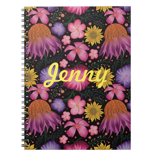 Caderno Espiral Notebook Personalizado Floral Preto (Frente)