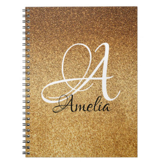 Caderno Espiral Notebook Personalizado Glitter de Faux Dourado ros