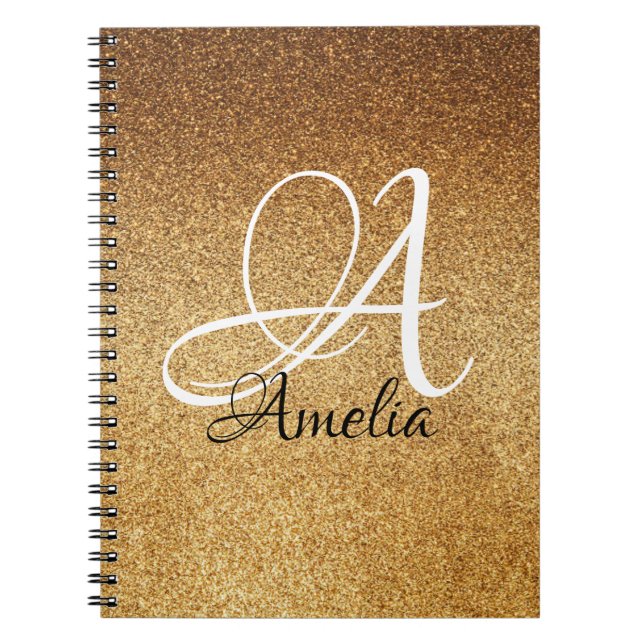 Caderno Espiral Notebook Personalizado Glitter de Faux Dourado ros (Frente)
