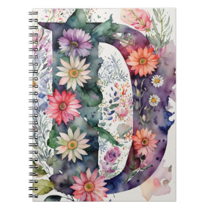 Caderno Espiral Notebook Personalizado - Letra D Floral Watercolor