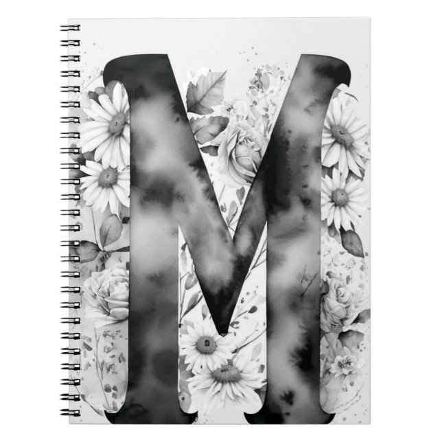 Caderno Espiral Notebook Personalizado - Letra M Floral Watercolor (Frente)