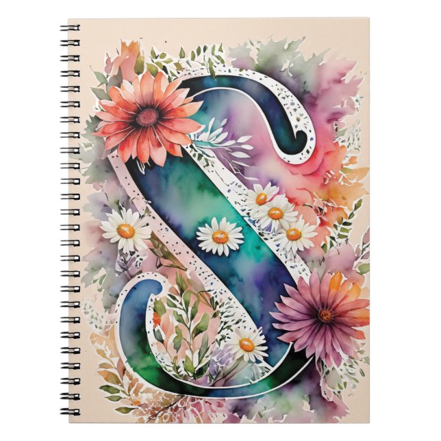 Caderno Espiral Notebook Personalizado - Letra S Floral Watercolor (Frente)