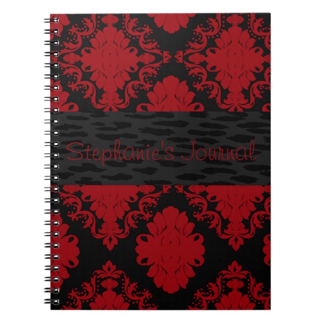 Caderno Espiral Notebook Personalizado para Damasco Vermelho e Pre (Frente)