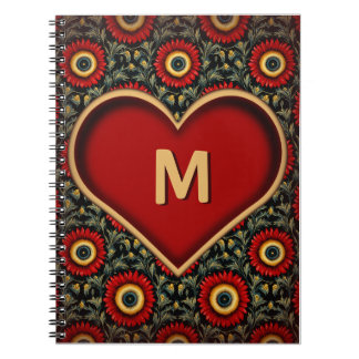 Caderno Espiral Notebook Personalizável Red Vintage Heart Monogram