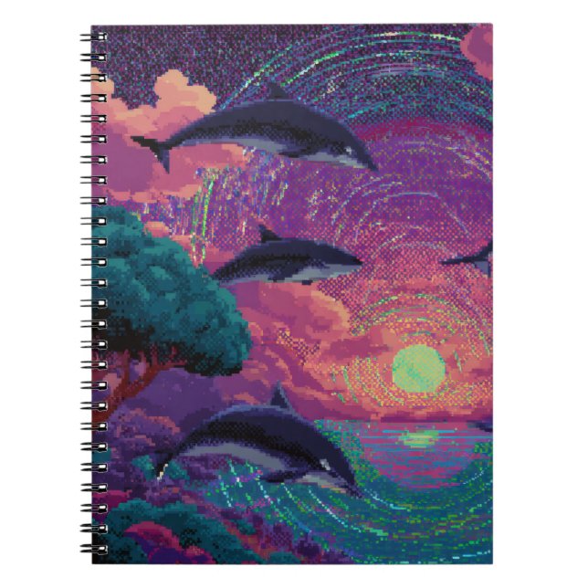 Caderno Espiral Notebook Pixel Sunset Dolphins Cosmic Vortex (Frente)