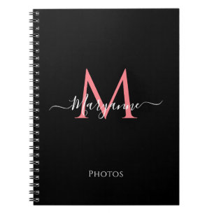 Caderno Espiral Notebook preto de monograma personalizado, rosa fe