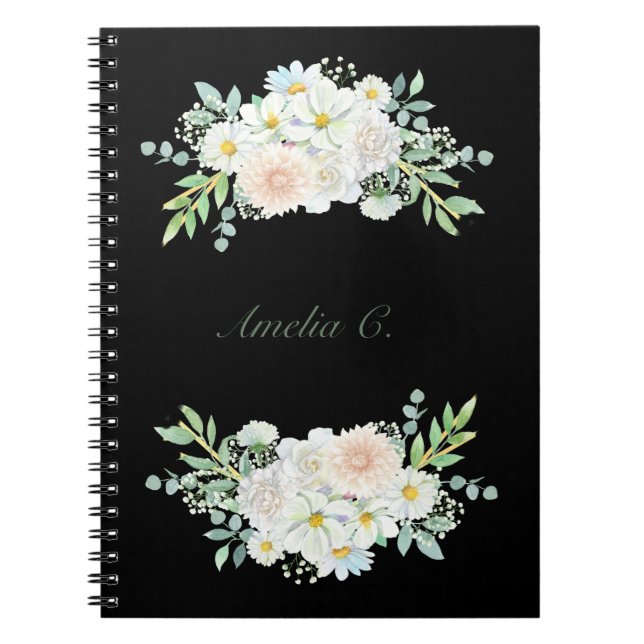Caderno Espiral Notebook Preto Floral Elegante (Frente)