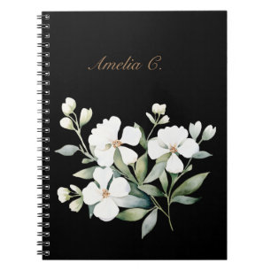 Caderno Espiral Notebook Preto Floral Elegante