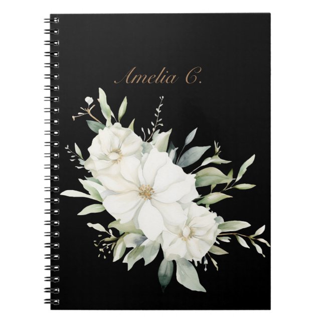 Caderno Espiral Notebook Preto Floral Elegante (Frente)