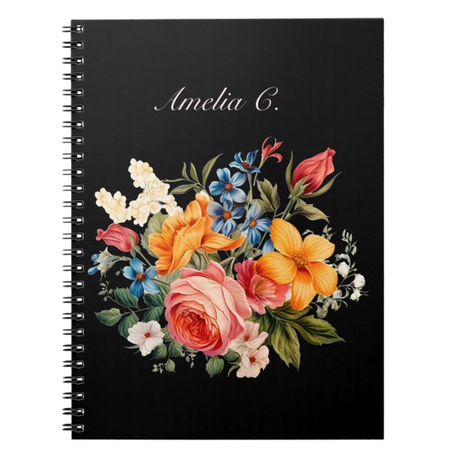 Caderno Espiral Notebook Preto Floral Elegante (Frente)