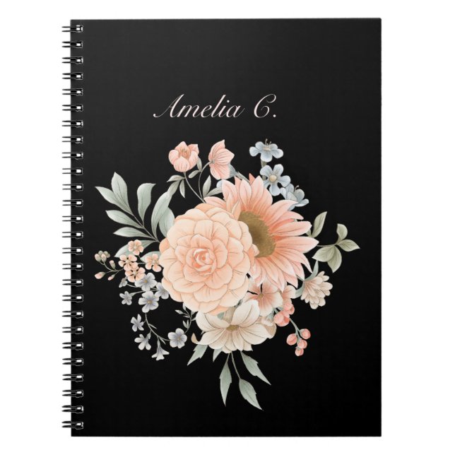 Caderno Espiral Notebook Preto Floral Elegante (Frente)