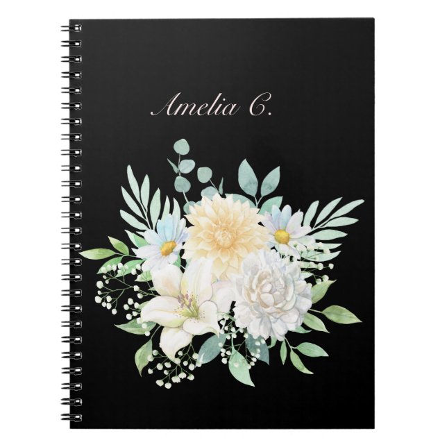 Caderno Espiral Notebook Preto Floral Elegante (Frente)