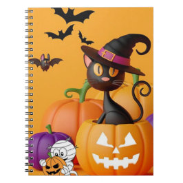 Caderno Espiral Notebook, preto, gato e abóbora