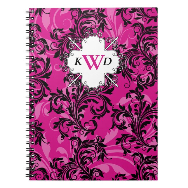 Caderno Espiral Notebook preto-rosa monograma com rolagem branca (Frente)