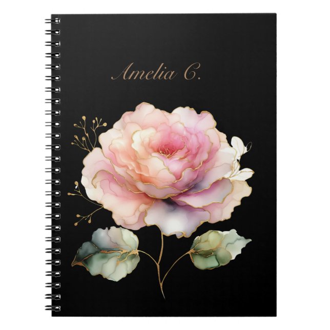 Caderno Espiral Notebook preto rosa rosa-d-água elegante (Frente)