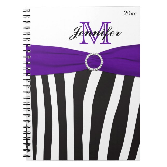Caderno Espiral Notebook preto roxo branco zebra em striping (Frente)
