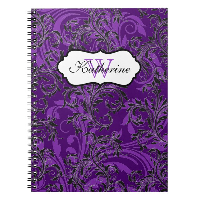 Caderno Espiral Notebook preto roxo monograma (Frente)
