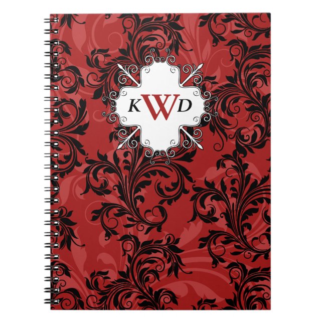 Caderno Espiral Notebook preto vermelho monograma com rolagem bran (Frente)