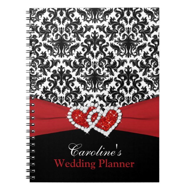 Caderno Espiral Notebook Preto White Red Casamento tema damasco Pl (Frente)