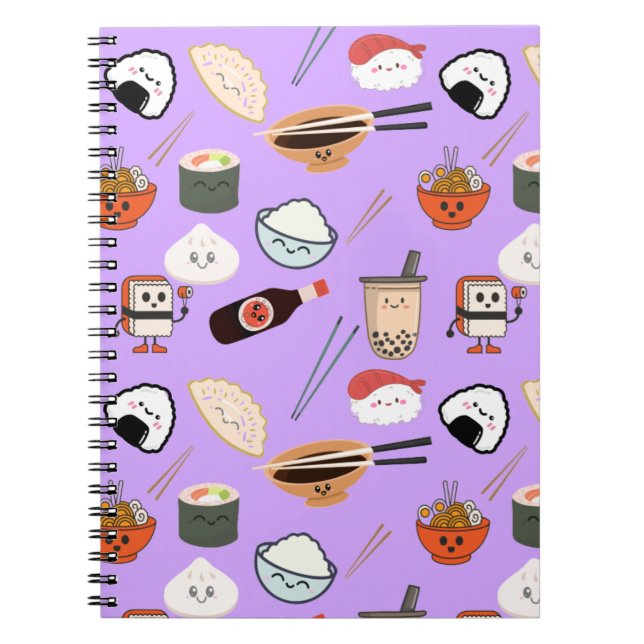 Caderno Espiral Notebook Purple Kawaii Ramen and Sushi Friends (Frente)