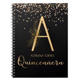 Caderno Espiral Notebook Quinceanera Black Dourado Floral A Monogr