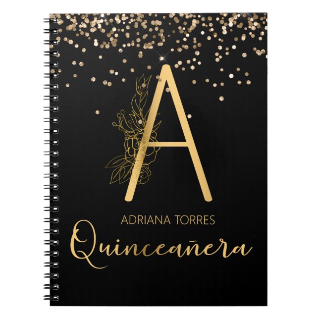 Caderno Espiral Notebook Quinceanera Black Dourado Floral A Monogr (Frente)