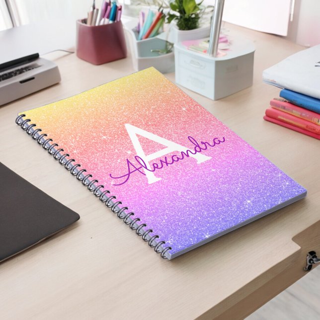 Caderno Espiral Notebook Rainbow Glitter Sparkle Monograma (Criador carregado)
