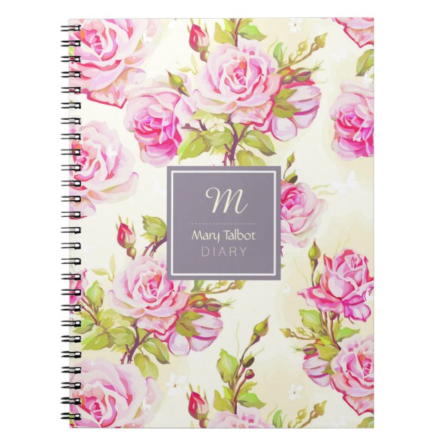 Caderno Espiral Notebook Rosa antigo com padrão floral personaliza (Frente)