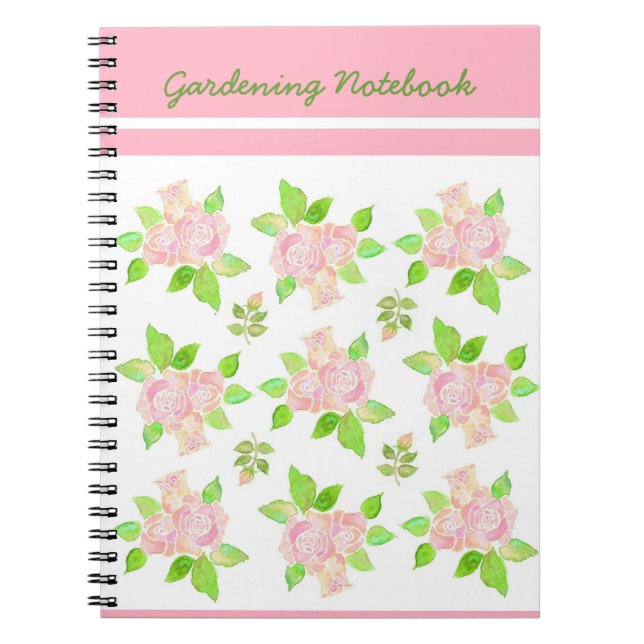 Caderno Espiral Notebook rosa, branco, espiral verde, Rosas (Frente)