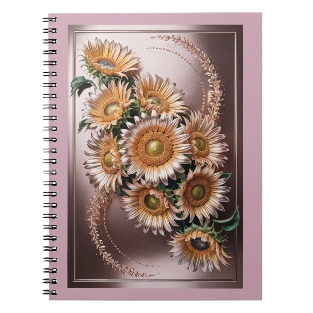 Caderno Espiral Notebook rosa rosa rosa Dourado Girassóis Metálico (Frente)
