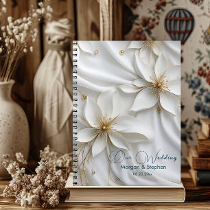 Caderno Espiral Notebook Satin Floral Weding Planner Branco e Dour