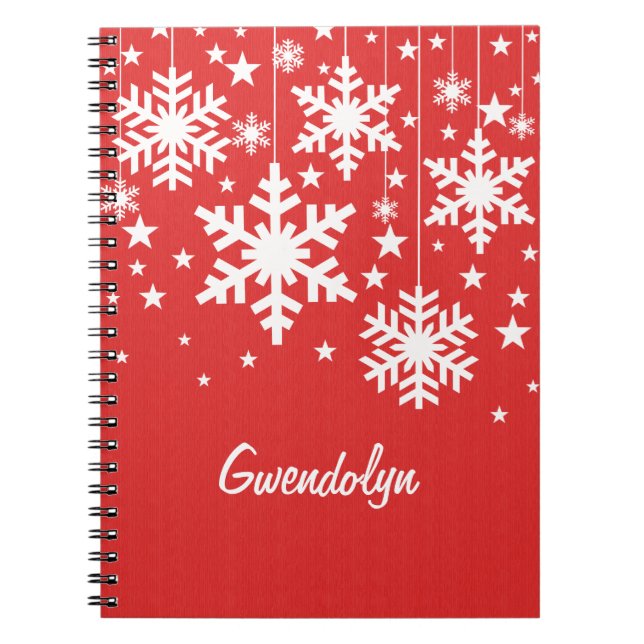 Caderno Espiral Notebook Snowflakes e Stars, Vermelho (Frente)