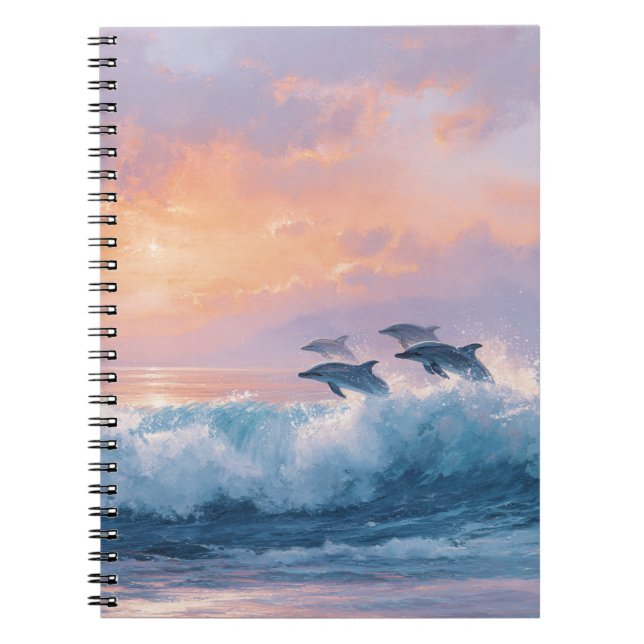 Caderno Espiral Notebook Sunset Ocean Dolphins Wave (Frente)