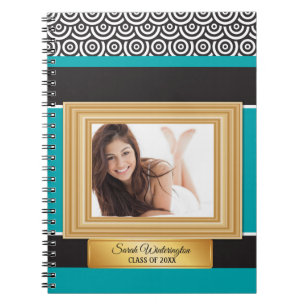 Caderno Espiral Notebook Teal Black and Dourado Photo Graduation Y