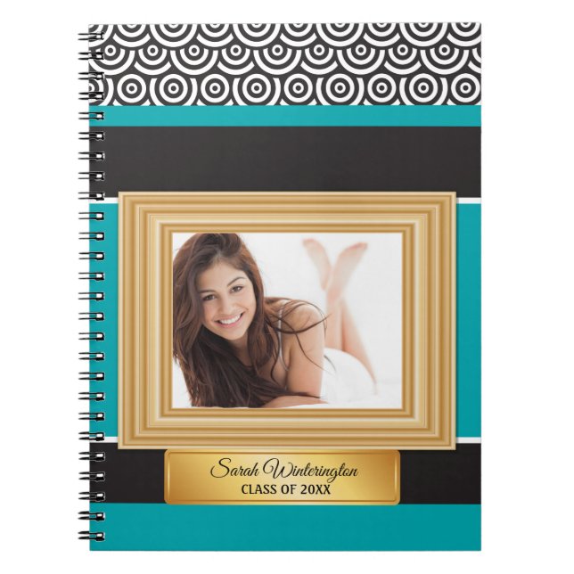 Caderno Espiral Notebook Teal Black and Dourado Photo Graduation Y (Frente)