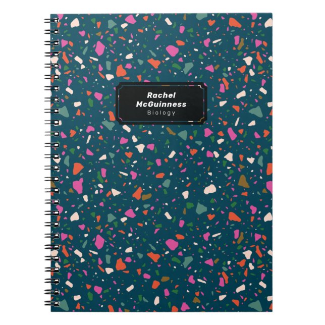 Caderno Espiral Notebook Teal Blue Terrazzo com nome e assunto (Frente)