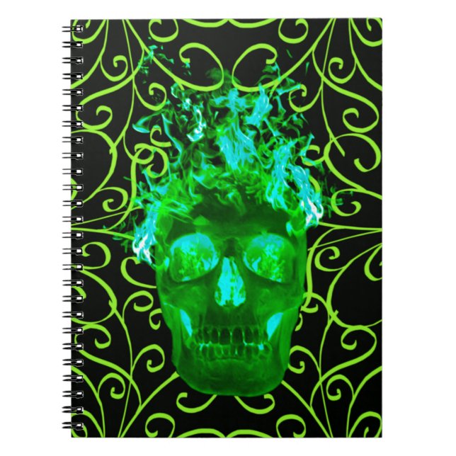 Caderno Espiral Notebook Verde Flame Skull Spiral (Frente)