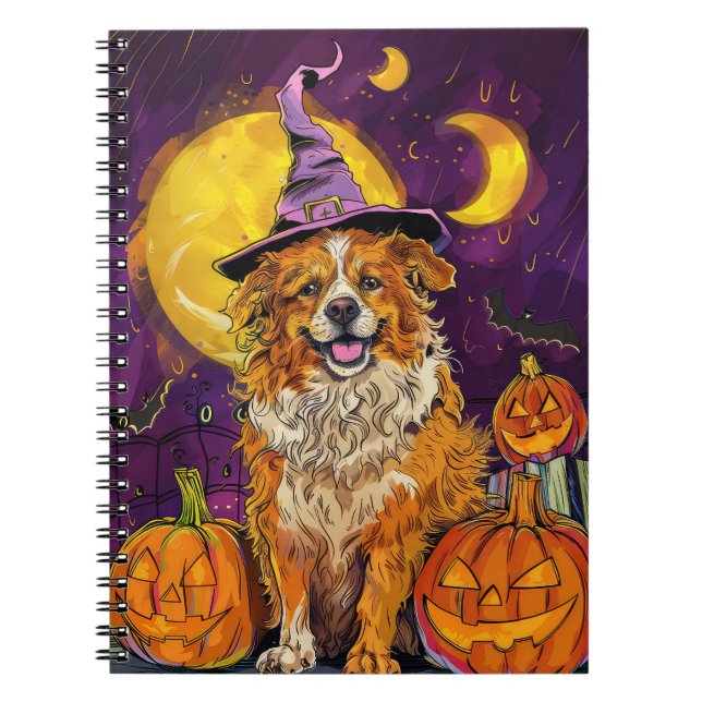 Caderno Espiral Nova Escócia Duck Toller Halloween Bruxas Pumpkin (Frente)