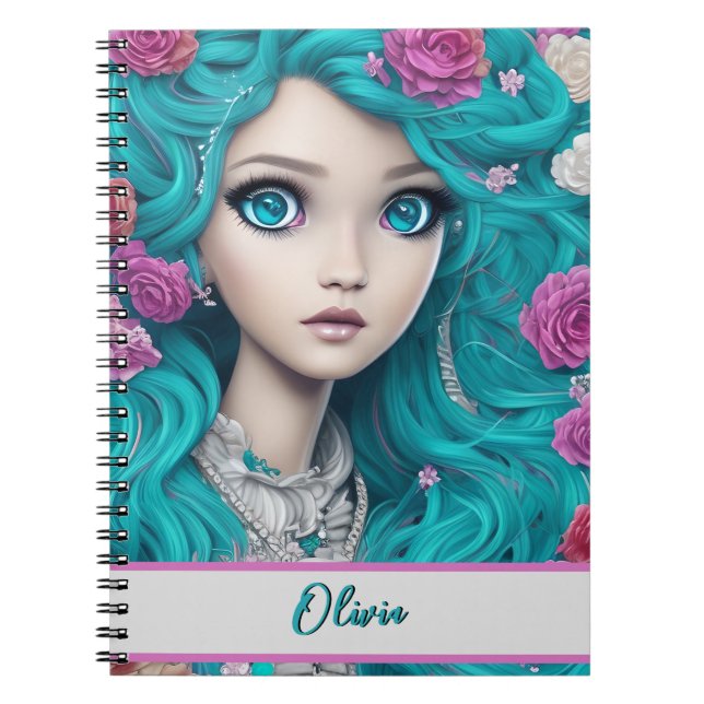 Caderno Espiral Nova Princesa de Londres com Cabelo Turquesa e Olh (Frente)