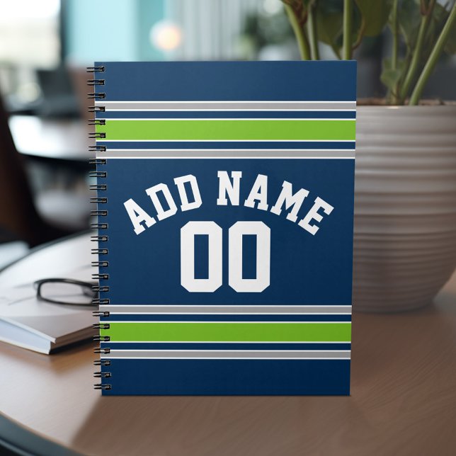 Caderno Espiral Número de Nome Personalizado de Jersey Blue and Gr (Personalized notebook with Sports Jersey Football Design - Custom Name and Other Text)
