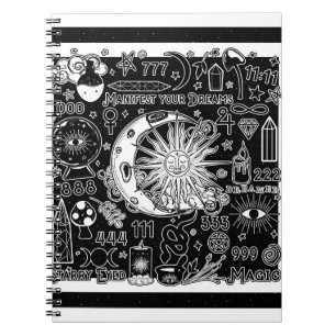 Caderno Espiral Numerologia Sortuda Manifestando Magia Preto e Bra