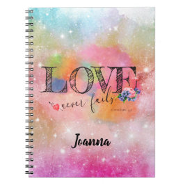 Caderno Espiral O amor nunca falha escrita em pastel