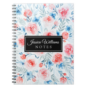 Caderno Espiral O azul cor-de-rosa dos rosas floresce o teste