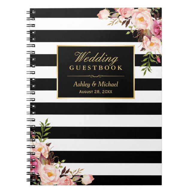 Caderno Espiral O branco preto listra o Guestbook floral do (Frente)