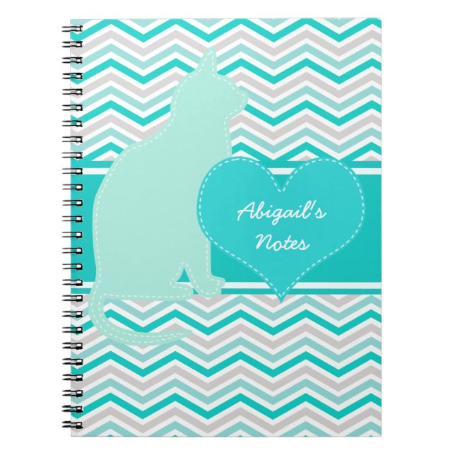 Caderno Espiral O gato e o coração em Chevron personalizaram o (Frente)