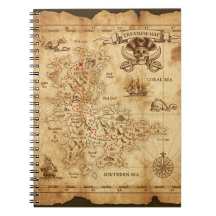 Caderno Espiral O mapa velho X do tesouro do pirata do vintage